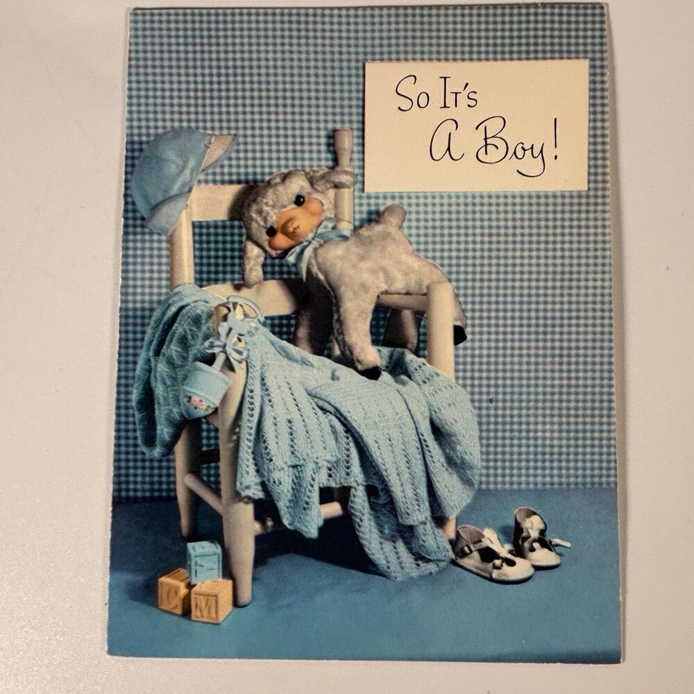 Vintage Gibson New Baby Boy Greeting Card It’s A Boy Lamb Nursery Congrats Blue